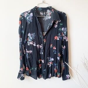 Mango Black Floral Button Down Shirt sz S